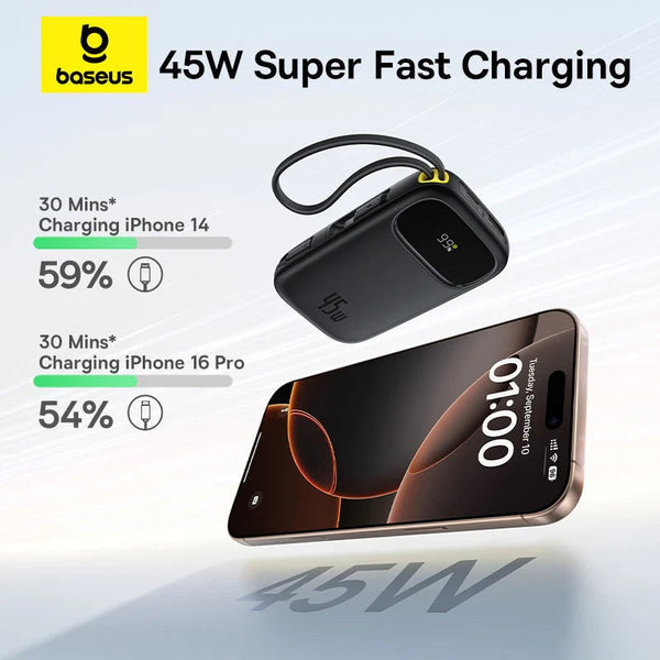 Baseus - Os-Baseus Enerfill Fc31 Digital Display Power Bank With 2 Built-In Usb-C Cables 10000Mah 45W Cosmic Black