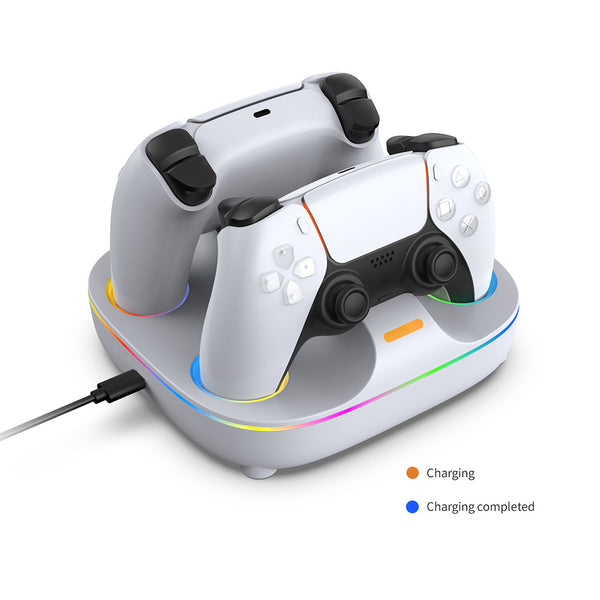 دوبي - TP5-35115 قاعدة شحن مزدوجة لجهازي PS5 DualSense وDualSense Edge، إضاءة RGB، أبيض