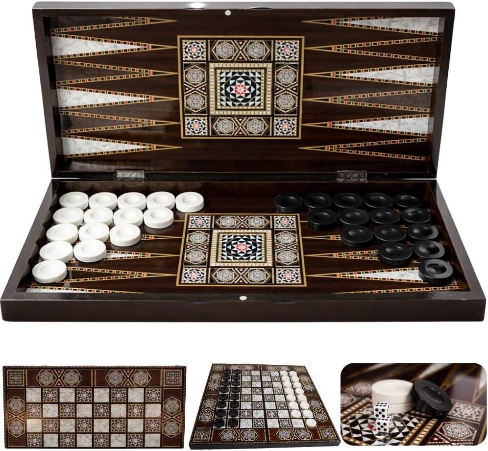 20" Chess Board and Back Gammon Folding Set - Mosaic in Play Pearls