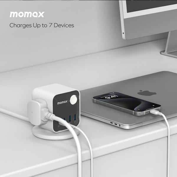 MOMAX 1-CHARGE WORK FLOW 3-OUTLET POWER CUBE WITH USB - WHITE