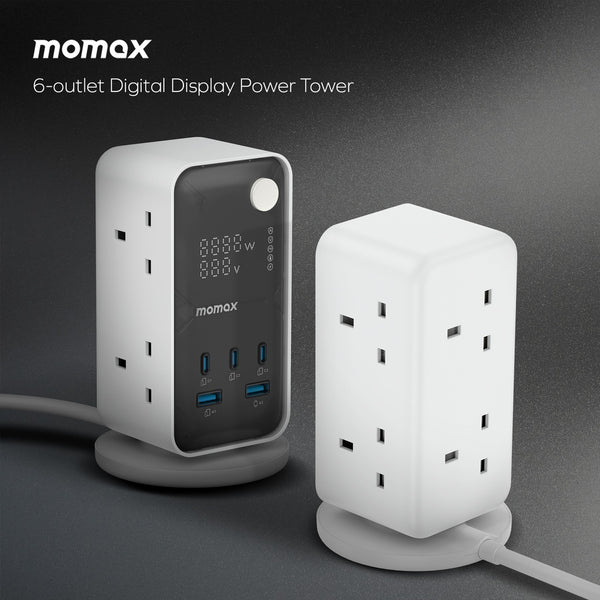 MOMAX 1-CHARGE WORK FLOW 6-OUTLET DIGITAL DISPLAY POWER TOWER WITH USB - WHITE