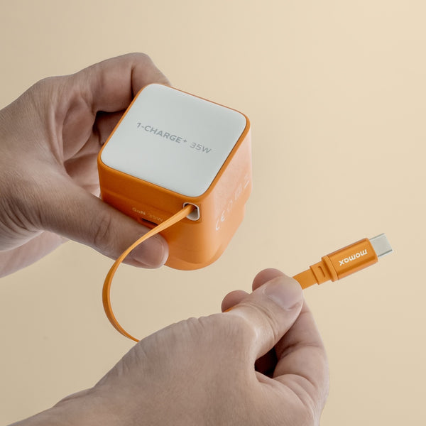 MOMAX 1-CHARGE 35W GAN 1 PORT CHARGER WITH BUILT-IN USB-C CABLE - ORANGE