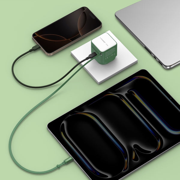 MOMAX 1-CHARGE 35W GAN 1 PORT CHARGER WITH BUILT-IN USB-C CABLE - GREEN