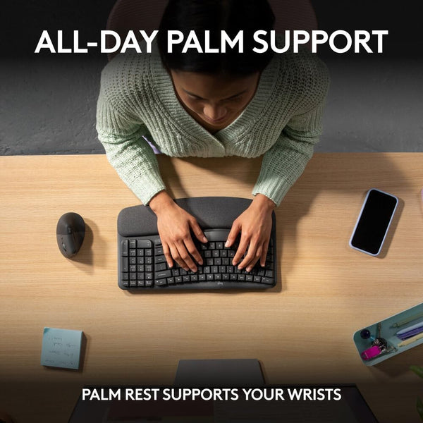 Logitech Wave Keys Wireless Ergonomic Keyboard t, Comfortable Natural Typing, Easy-Switch, Bluetooth- Graphite - NEW Arrival