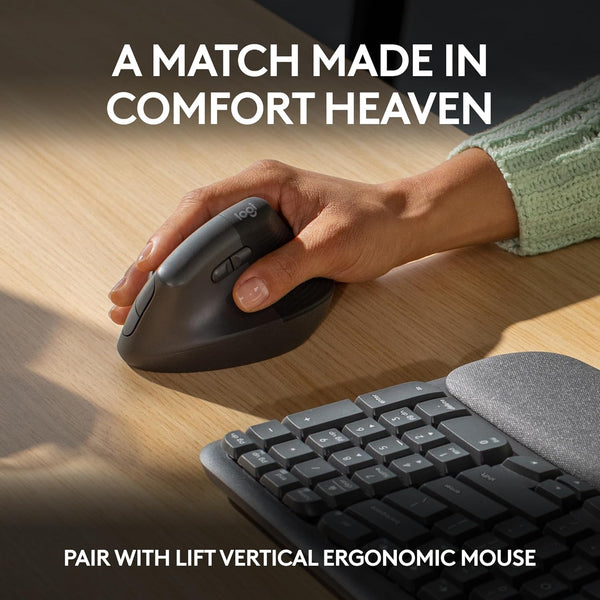 Logitech Wave Keys Wireless Ergonomic Keyboard t, Comfortable Natural Typing, Easy-Switch, Bluetooth- Graphite - NEW Arrival