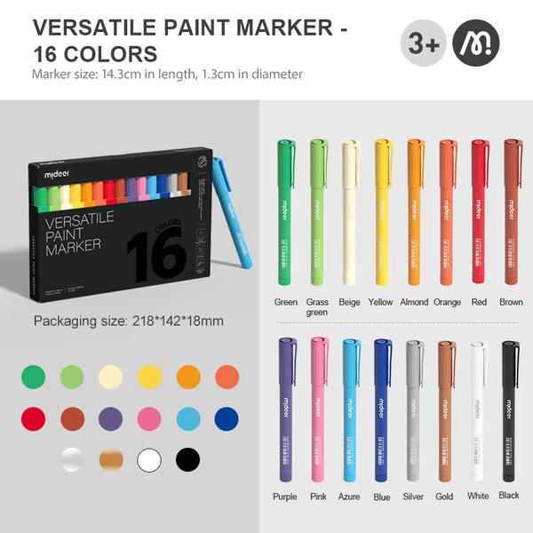 Mideer Versatile Paint Markers 16 Colors - Fine Tip Artist Set