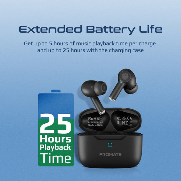 Promate Propods High-Definition ANC TWS Earphones with Intellitouch - Black