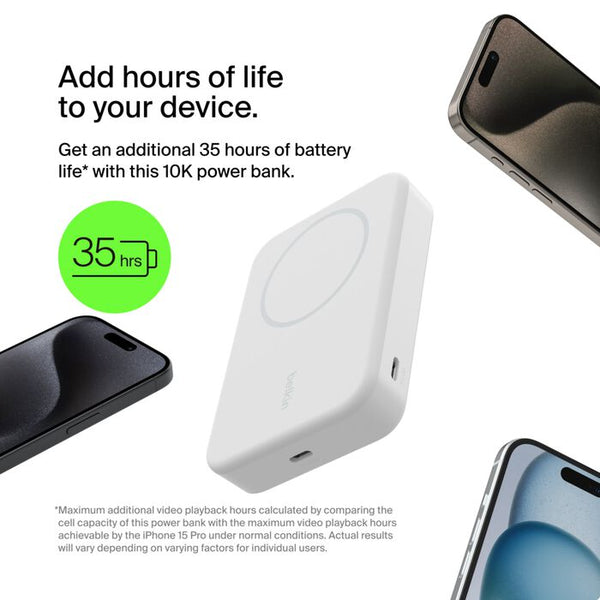 Belkin BoostCharge Qi2 15W Magnetic Wireless Power Bank 10K with Stand, White