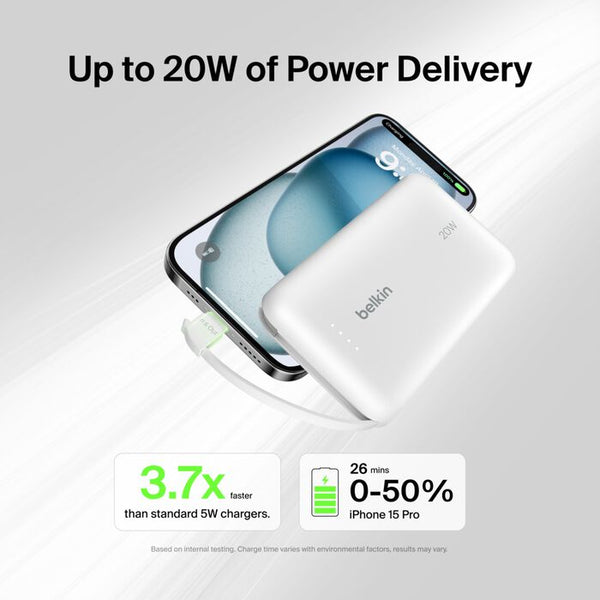 Belkin BoostCharge 10K Power Bank with Integrated USB-C Cable, 20W, White