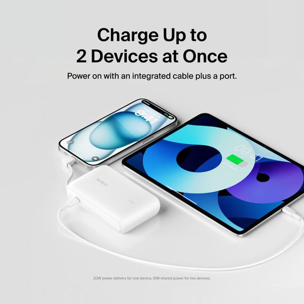 Belkin BoostCharge 10K Power Bank with Integrated USB-C Cable, 20W, White