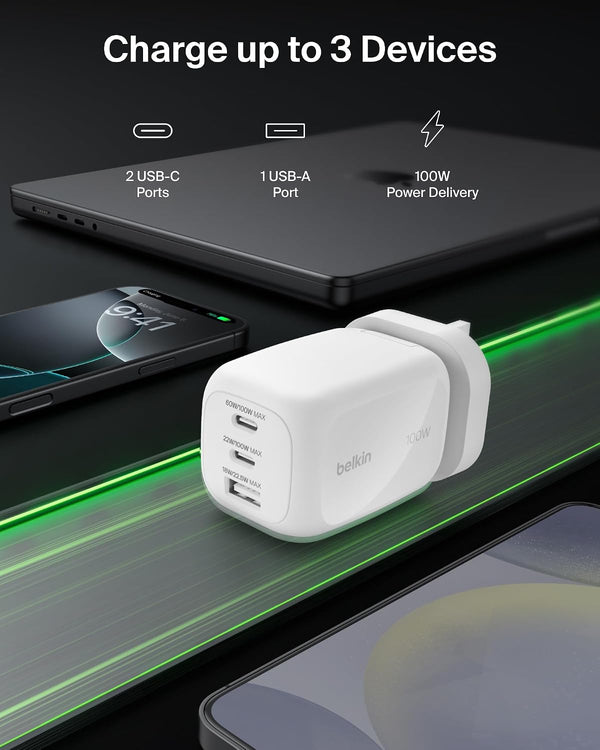 Belkin 100W 3-PORT GAN WALL CHARGER (US / UK/ EU PLUG)