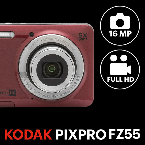 Kodak - Compact Digital Camera FZ55 5x Optical Zoom CMOS, Li-ion Battery - Red
