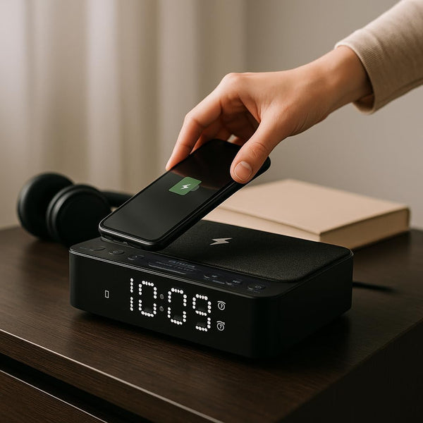 Alarm Clock Radio With 5W Wireless Charger For Mobile, Fm Radio With 10 Station