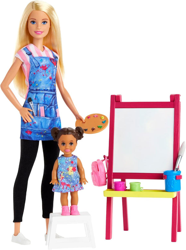 Barbie Art Teacher Playset With Blonde Doll, Toddler Doll, Toy Art Pieces