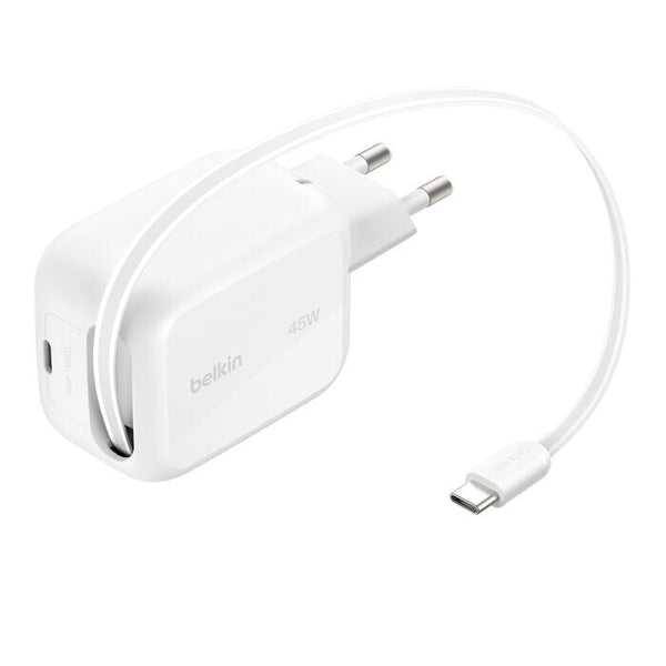 Belkin UltraCharge GaN 45W Charger - Retractable Cable Power Plug - White