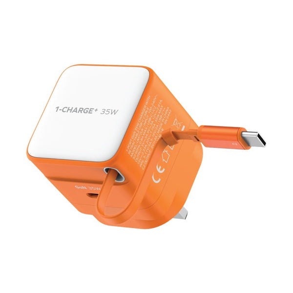 MOMAX 1-CHARGE 35W GAN 1 PORT CHARGER WITH BUILT-IN USB-C CABLE - ORANGE