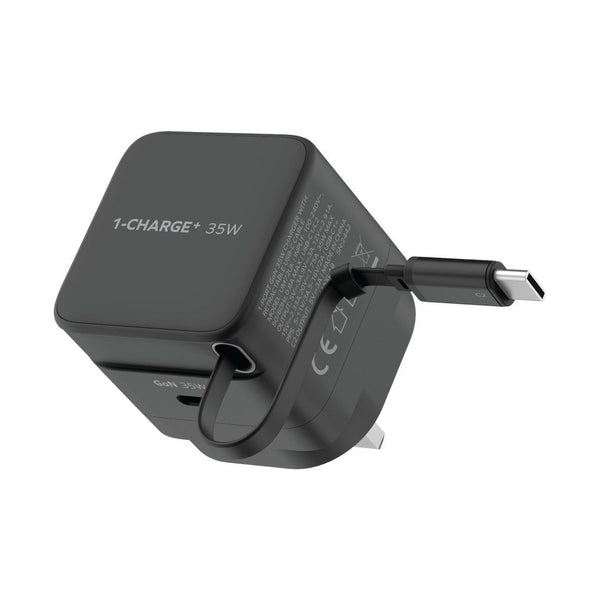 MOMAX 1-CHARGE 35W GAN 1 PORT CHARGER WITH BUILT-IN USB-C CABLE - BLACK