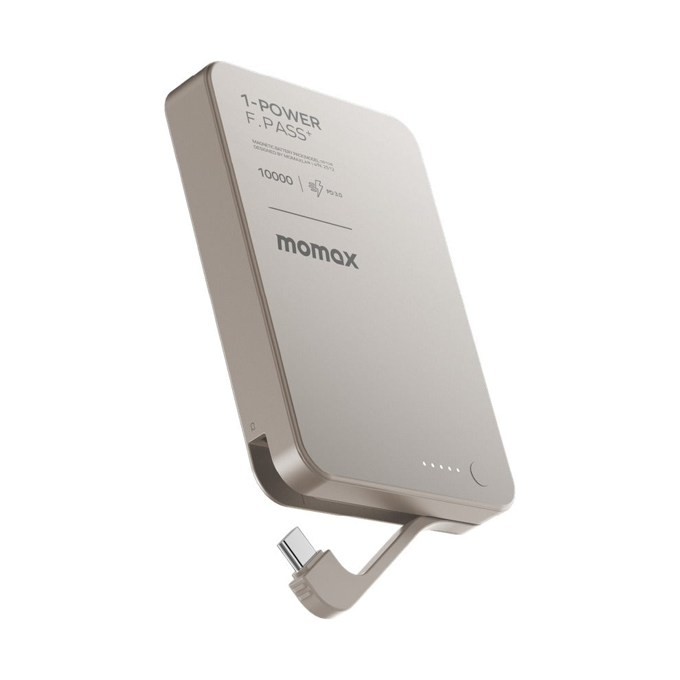 MOMAX 1-POWER F.PASS+ 10000mAh POWER BANK WITH BUILT-IN CABLE & MAGNETIC ATTACHMENT - TITANIUM