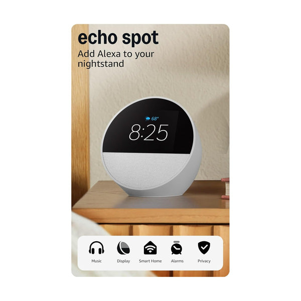 Amazon Echo Spot Smart alarm clock with vibrant sound + Alexa - White