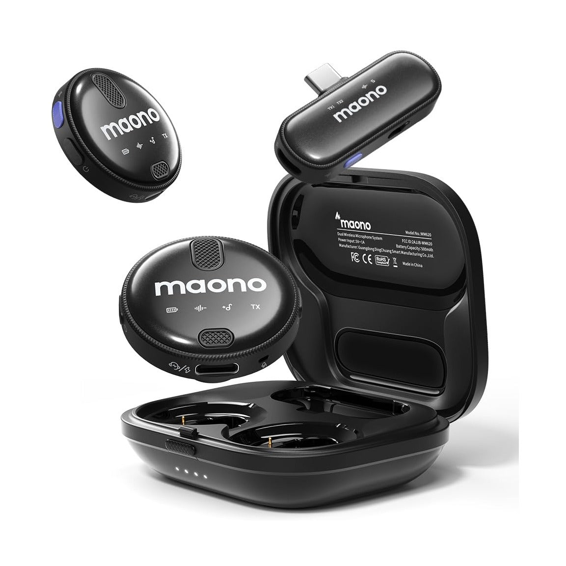 Maonocaster WM620PC2 Wireless Lavalier Microphone With USB C Clip on Lapel Mic, Professional Noise Cancelling & 36H Working Time - Black