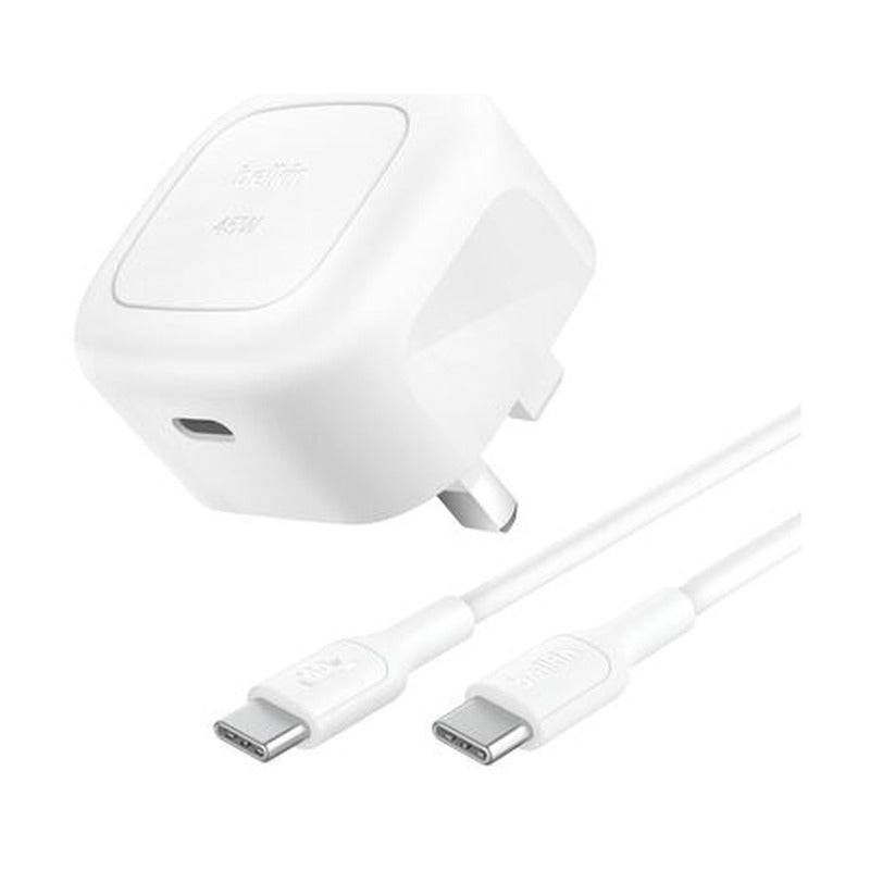 شاحن حائط بيلكن 45 واط USB-PD مع PPS، أبيض مع كابل C-C PVC بطول 1 متر 3 أمبير