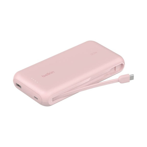 Belkin BoostCharge 20K Power Bank with Integrated USB-C Cable, 30W PD, USB-C and USB-A Ports, Pink