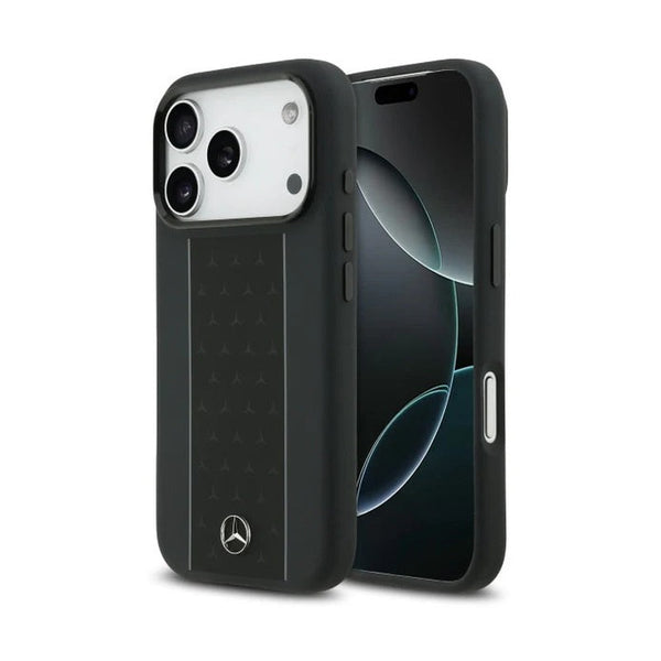 Mercedes-Benz iPhone 17 Pro Genuine Leather Perforated Case with Metal Star Logo - Black
