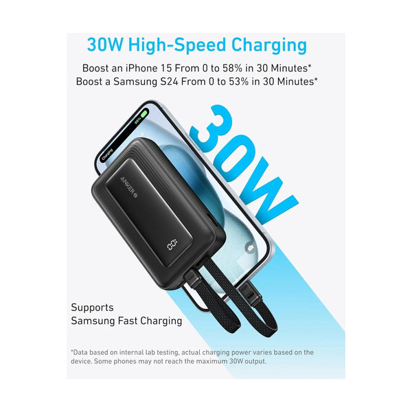 Anker Zolo Power Bank 10K 35W Black - Dual Built In Charging Cables