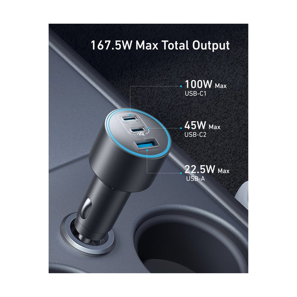 Anker Car Charger (167.5W, 3 Ports) with cable bundle Gray
