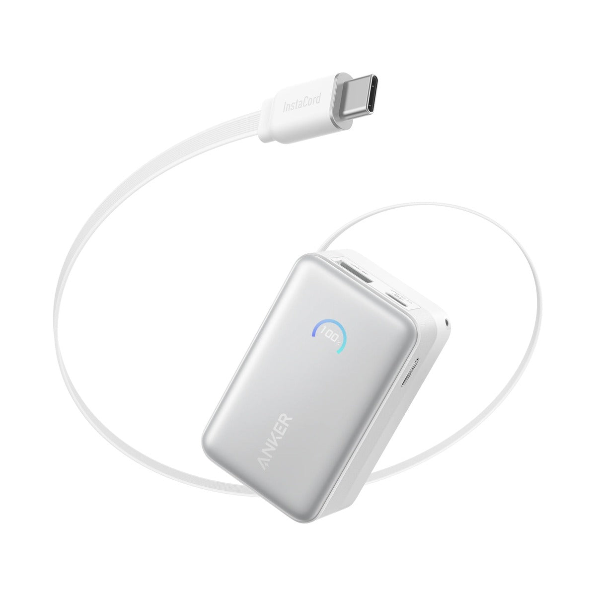 أنكر - باور بانك نانو (10 آلاف مللي أمبير، 45 واط، كابل USB-C مدمج قابل للسحب) أبيض