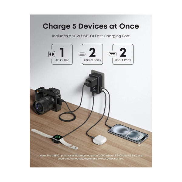 Anker - Nano Travel Adapter (5-In-1, 20W, 1-Pack) Black