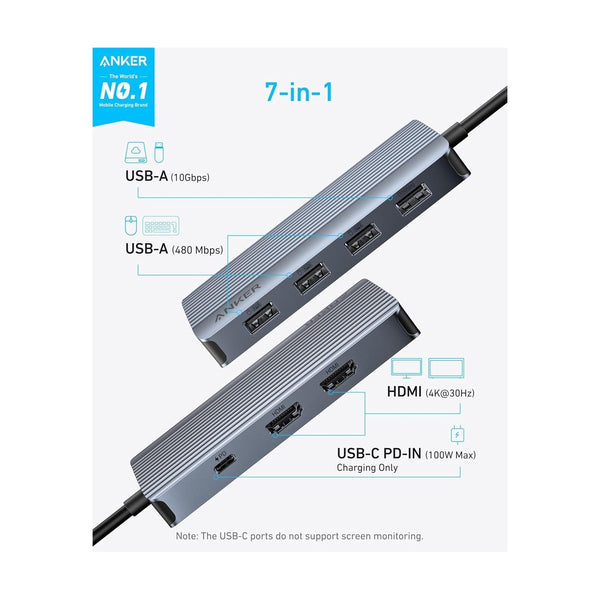 Anker - Usb-C Hub (7-In-1, Dual Display) Gray