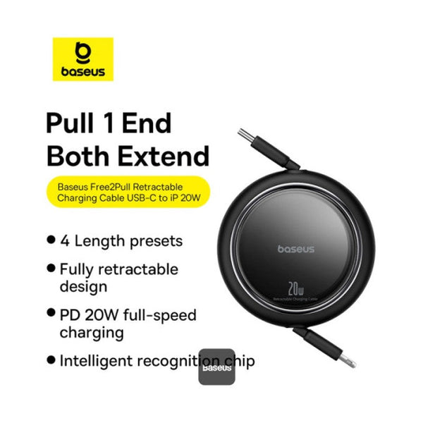 Baseus Free2Pull Retractable Charging Cable Usb-C To Ip 20W 1M Cluster Black