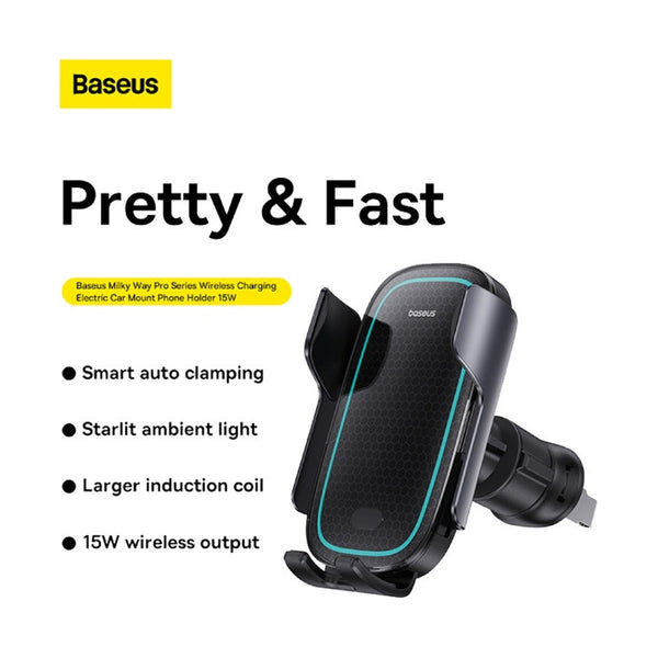 Baseus Milky Way Pro Series Wireless Charging Electric Car Mount Phone Holder 15W Cluster Black