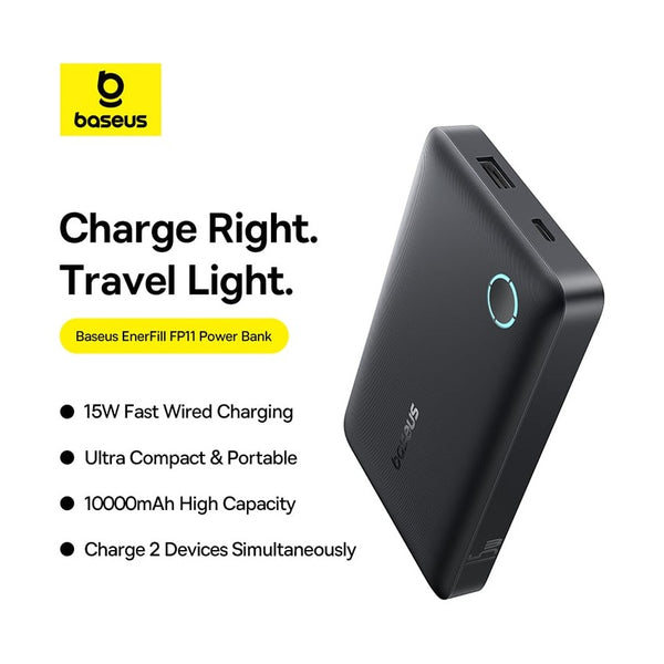 Baseus - Os-Baseus Enerfill Fp11 Power Bank 10000Mah 15W Cosmic Black (Includes Simple Type-C To Type-C Cable 20V/3A 30Cm Black)