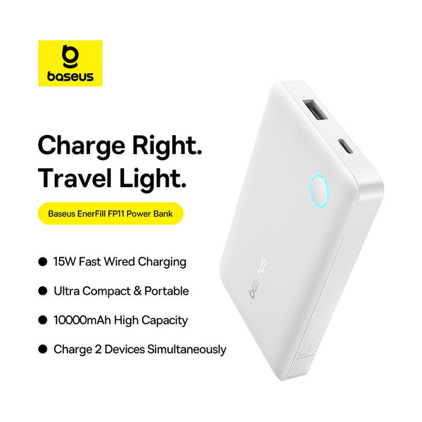 Baseus - Os-Baseus Enerfill Fp11 Power Bank 10000Mah 15W Moon White (Includes Simple Type-C To Type-C Cable 20V/3A 30Cm White)