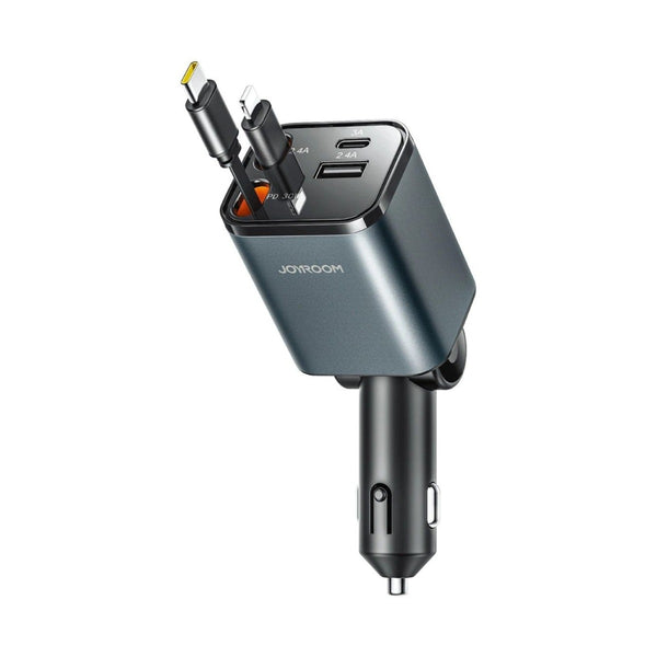 Car Charger JOYROOM 4 in 1 (with Retractable Cable USB-C + Lightning) 50W Dark Gray