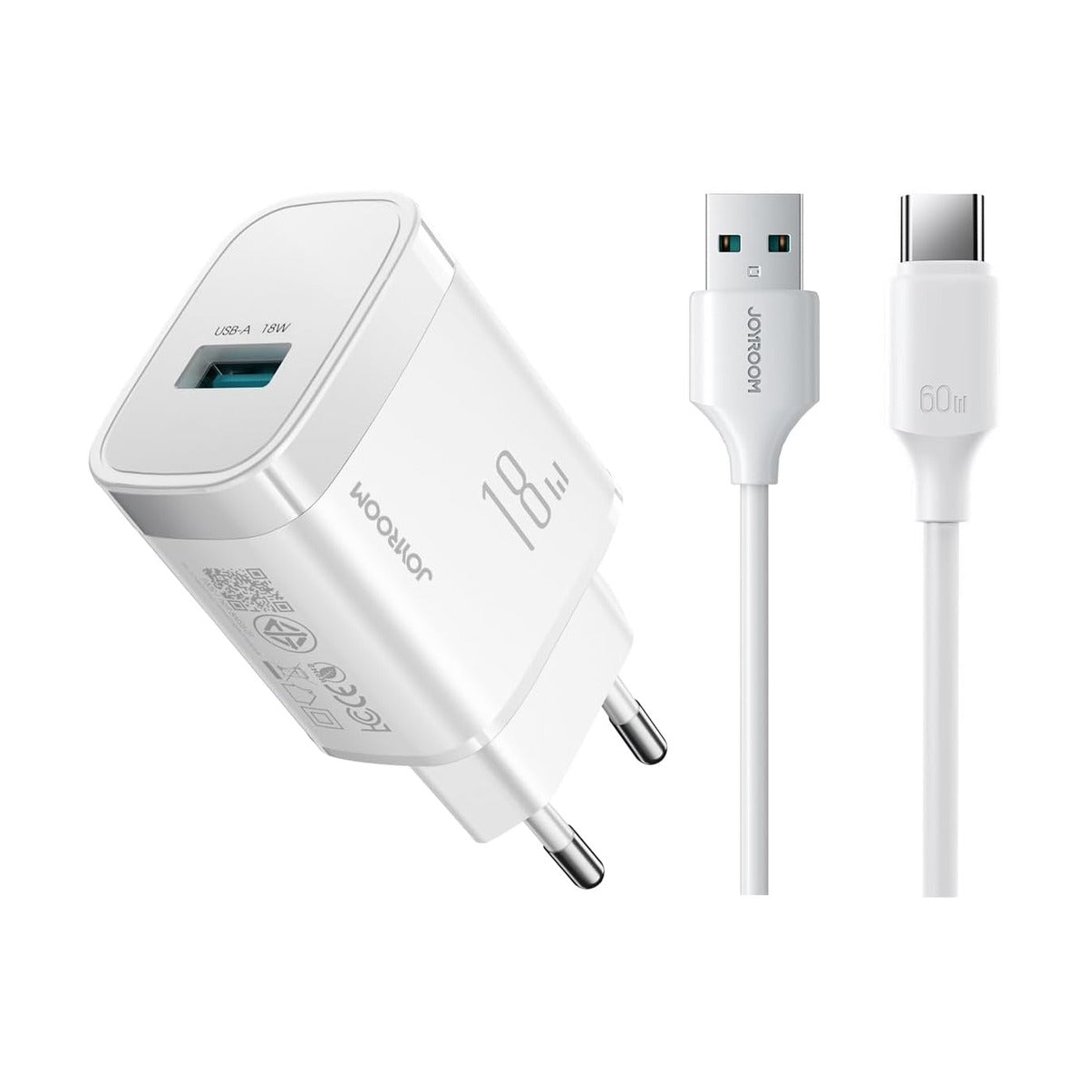 شاحن حائط جوي روم مع كابل USB إلى تايب سي، 18 واط، أبيض