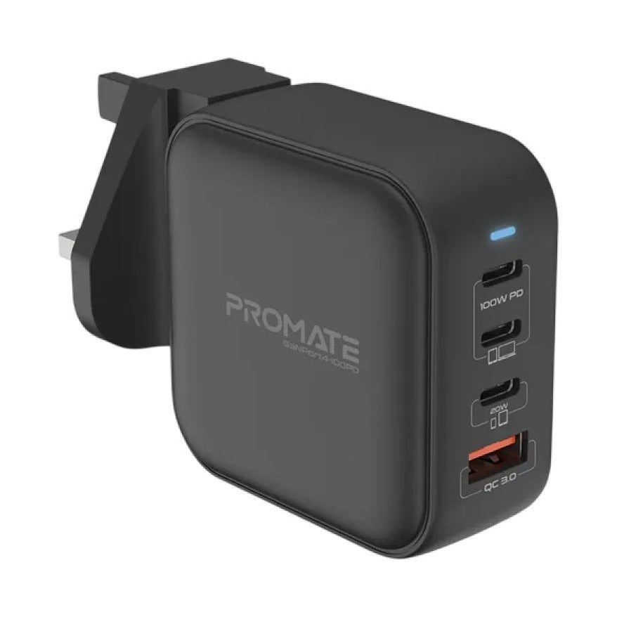 شاحن Promate GanPort4-100PD بقوة 100 واط، لون أسود - محول GaN بأربعة منافذ