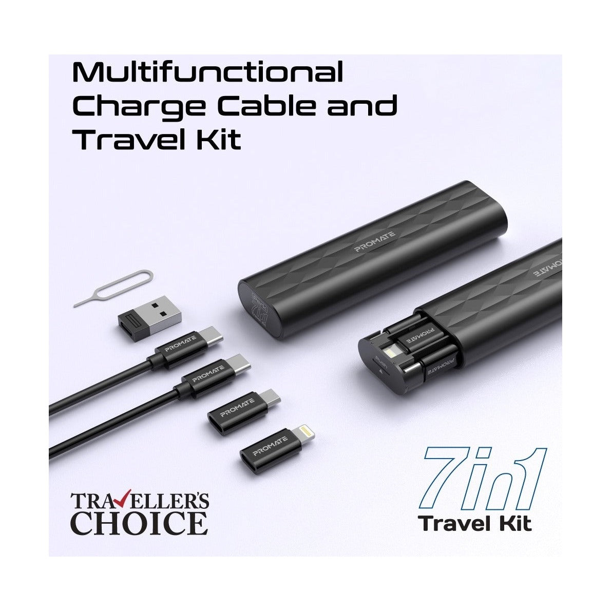 Promate Perk 60W Travel Kit - Cable Case With Adapters and SIM Slots