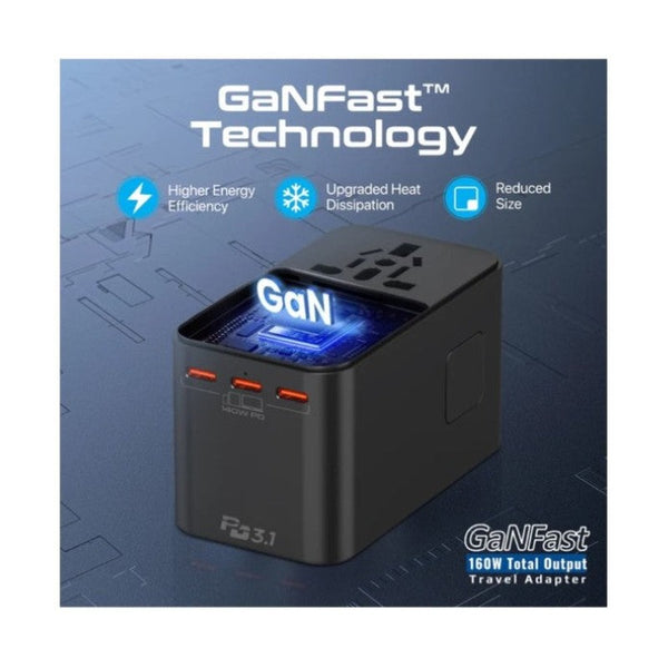 Promate Tripmate-Gan160 , Travel Adapter