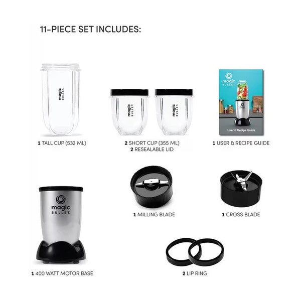 Nutribullet Magic Bullet 400W 11-Piece Set High-Speed Blender & Food Processor System - Silver