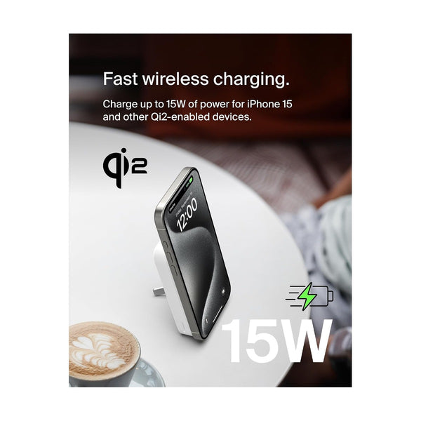 Belkin 8k Qi2 15w Magnetic Wireless Power Bank with Kickstand, with USB-C PD 20w, White