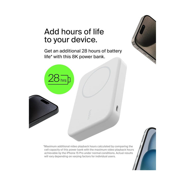 Belkin 8k Qi2 15w Magnetic Wireless Power Bank with Kickstand, with USB-C PD 20w, White
