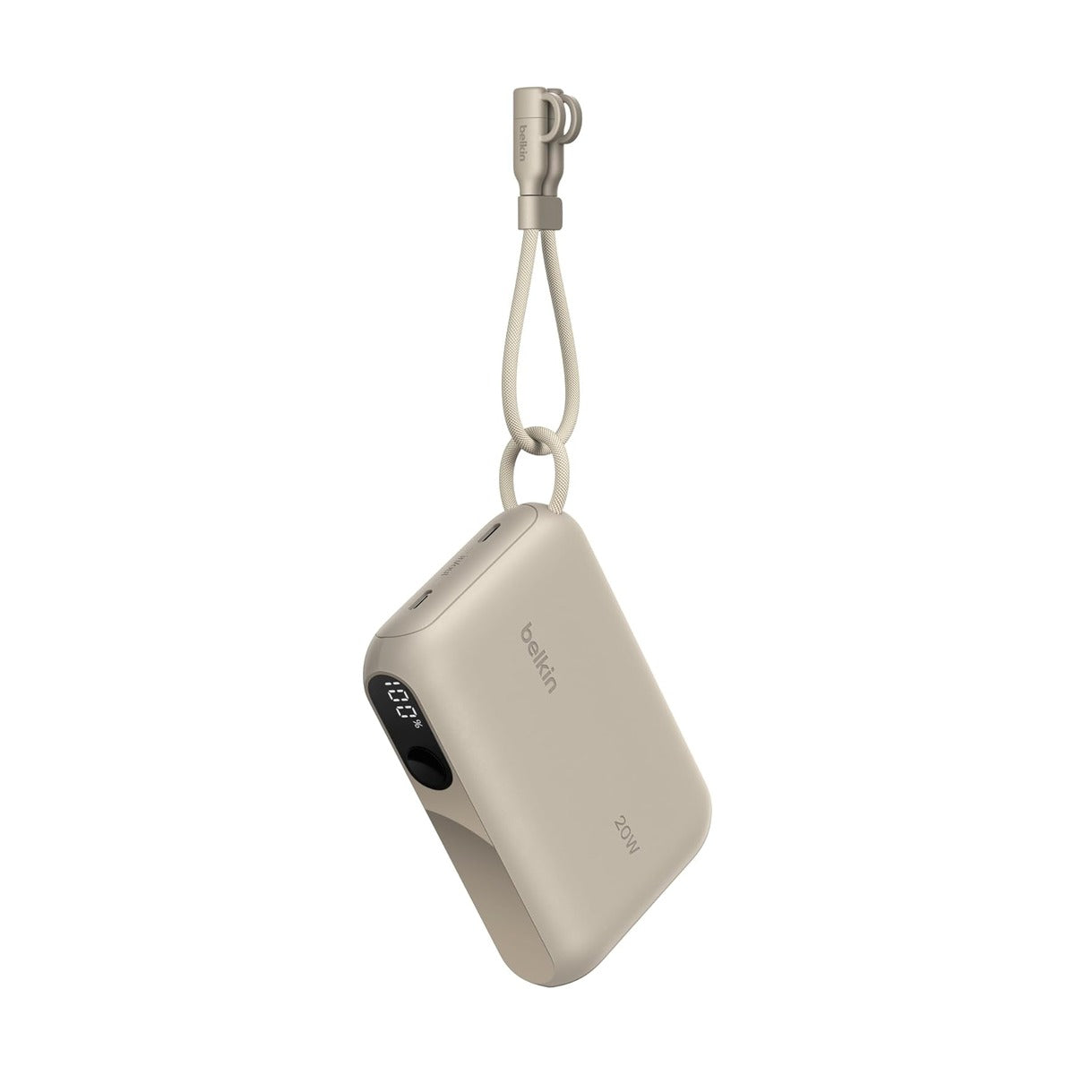 شاحن متنقل Belkin BoostCharge سعة 10000 مللي أمبير مع شاشة عرض، لون رملي - منفذ USB-C بقوة 20 واط