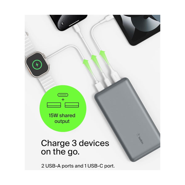 Belkin - Boostcharge 3-Port 10K Power Bank With Usb-C 15W, Grey