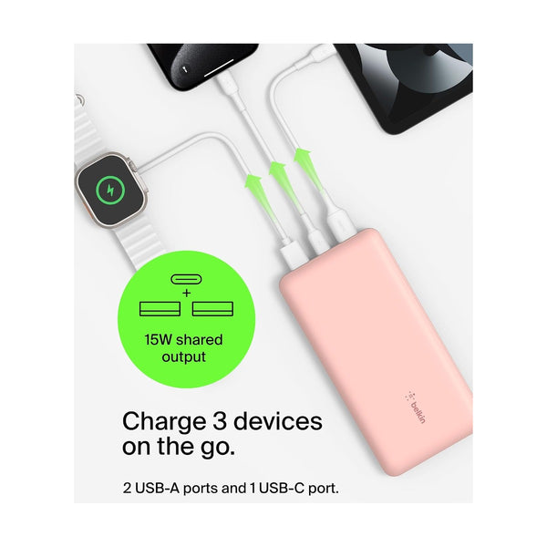 Belkin - Boostcharge 3-Port 20K Power Bank With Usb-C 15W, Dual Usb-A, Pink