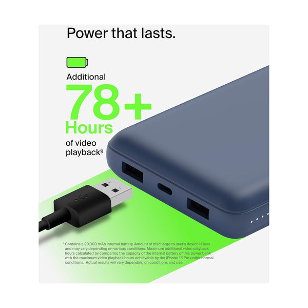 Belkin - Boostcharge 3-Port 20K Power Bank With Usb-C 15W, Dual Usb-A, Space Blue