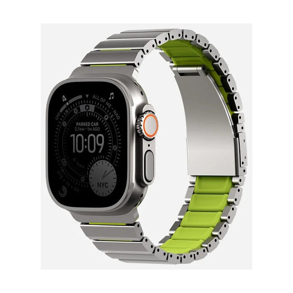 Uniq Strova Flex Apple Watch Self-Adjustable Steel Band - Titanium Sliver/Lime Green