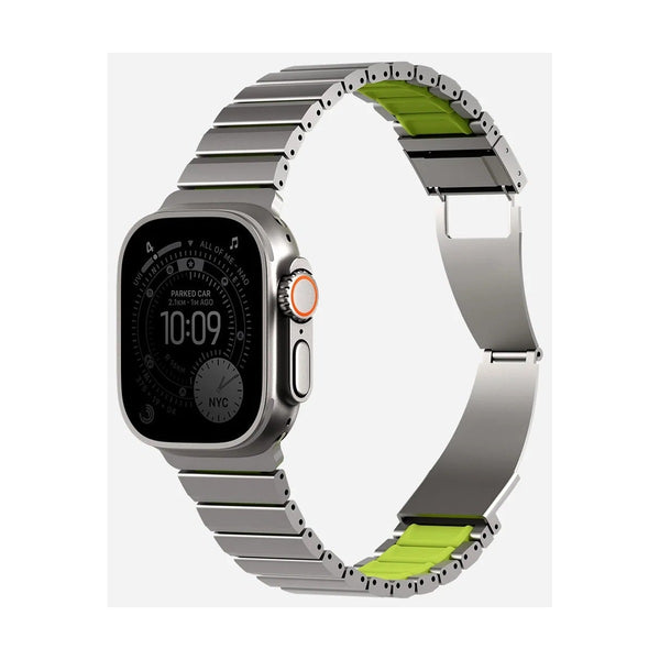 Uniq Strova Flex Apple Watch Self-Adjustable Steel Band - Titanium Sliver/Lime Green